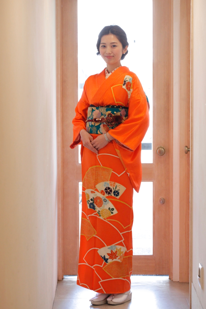 オレンジ扇面訪問着 - きもの六花（ricca） | 大阪市北区中崎町 | 和裁 