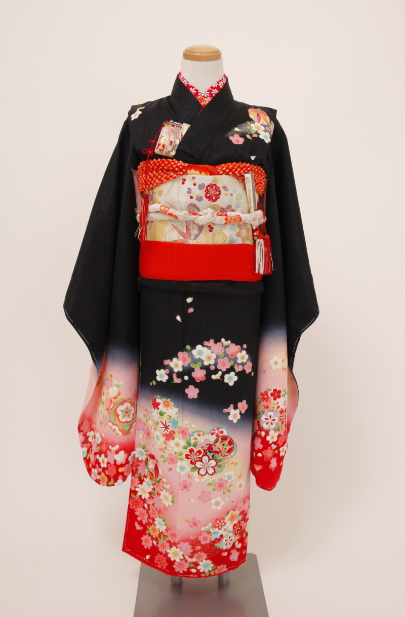 ○ 正絹 小紋 桜 刺しゅう 着物 - 着物