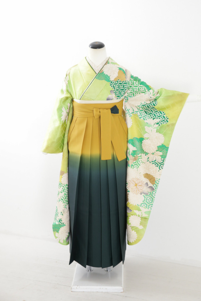 黄緑地白金菊柄振袖