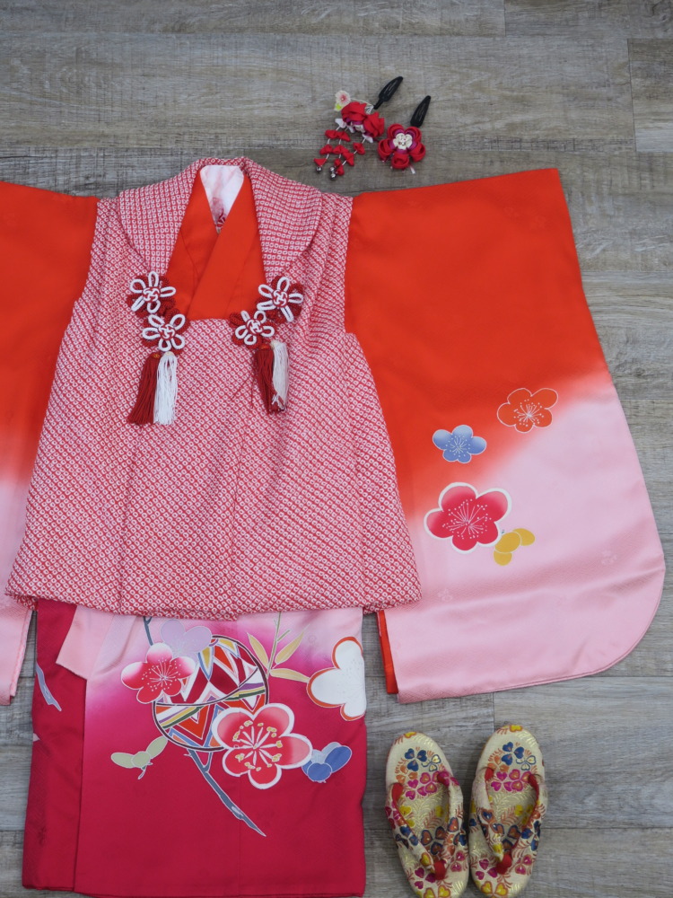 ＜レンタルきもの＞七五三・3歳女の子 赤ピンク着物